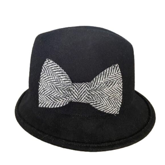 Black Small Brim Wool Hat‎ Gray & White Herringbone Side Bow - Picture 3 of 7